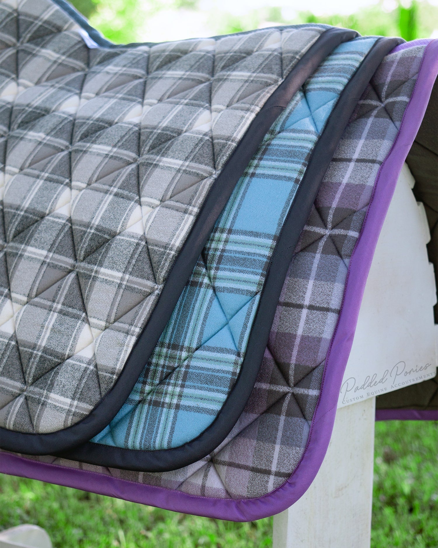 Plaid Flannel Saddle Pads in Pastel Colors with Gray
