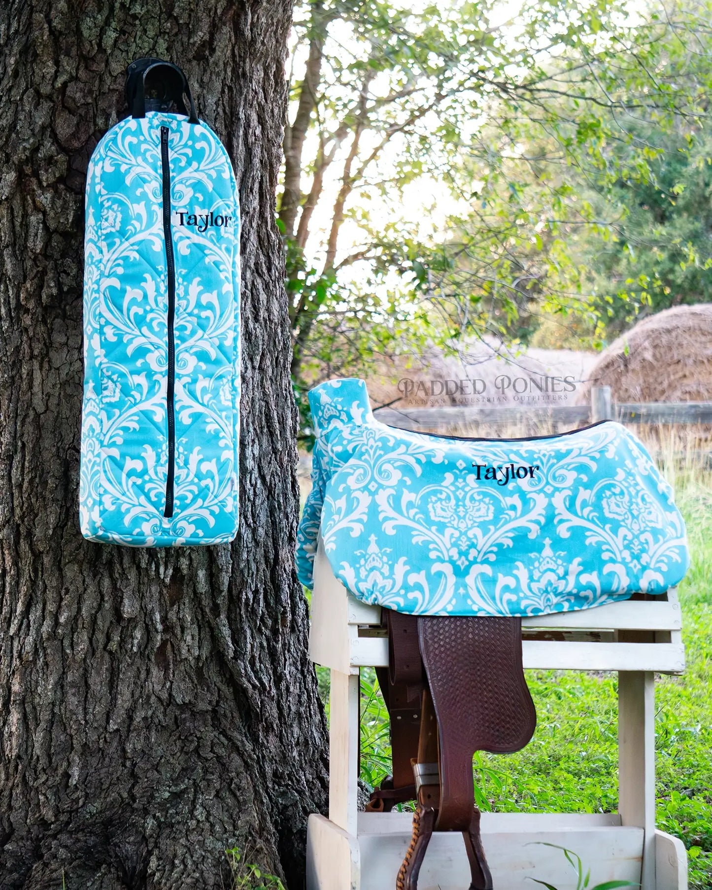 Aqua Blue Green Floral Damask Fleece-Lined Bridle Bag with Monogram and Matching Western Saddle Cover