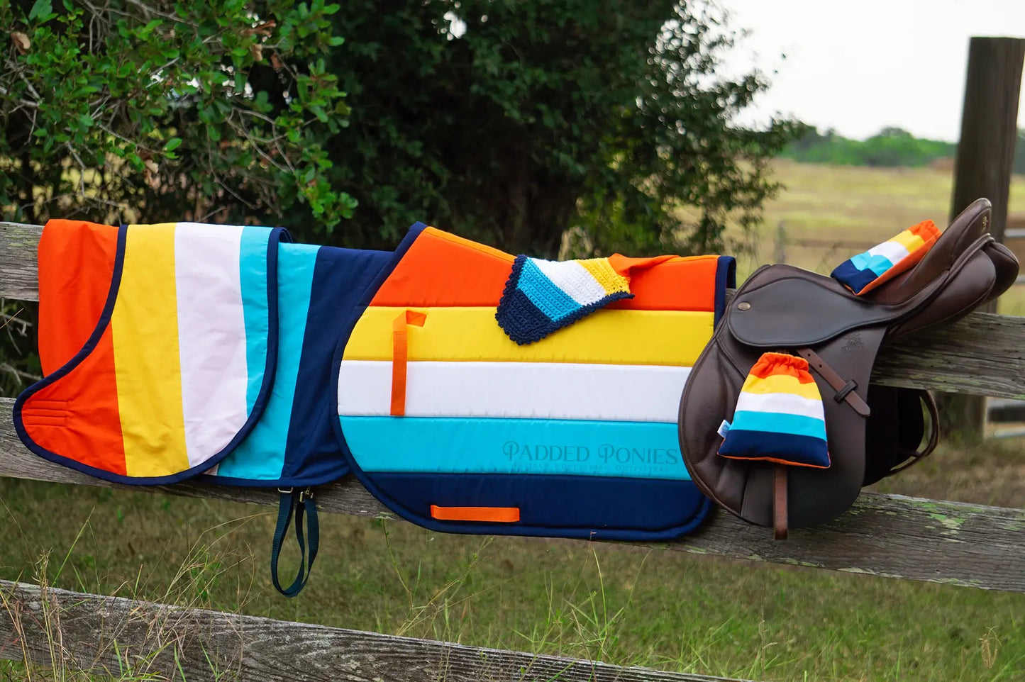 LGBTQ+ Aromantic Asexual Flag Stirrup Covers with Matching Saddle Pad, Quarter Sheet, and Fly Veil Bonnet 