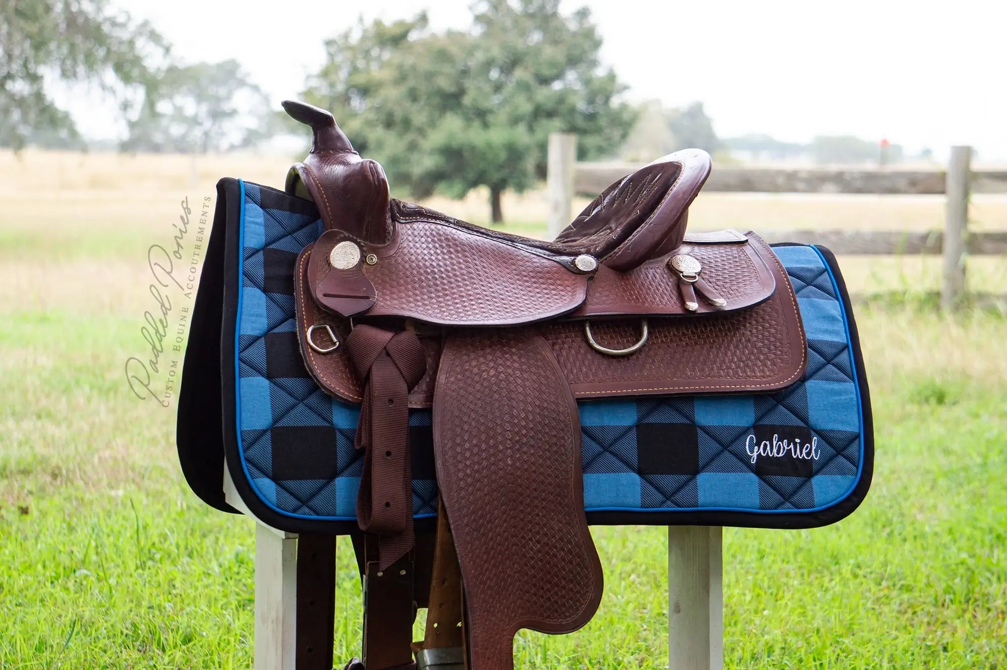 Blue and Black Buffalo Plaid Western Saddle Pad with Monogram