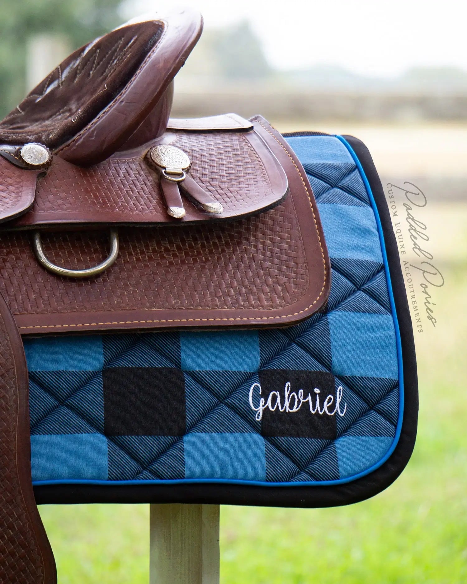 Blue and Black Buffalo Plaid Western Saddle Pad with Monogram