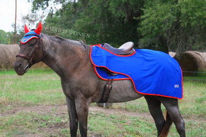 Royal Blue and Red Buffalo Bills NFL Sports Patch Fly Veil Bonnet with Matching Saddle Pad and Quarter Sheet