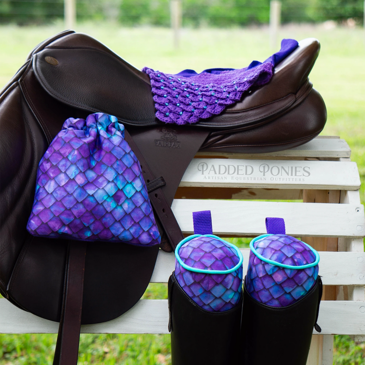 Purple and Turquoise Dragon Scales Stirrup Covers with Matching Boot Tree Stuffers and Fly Bonnet