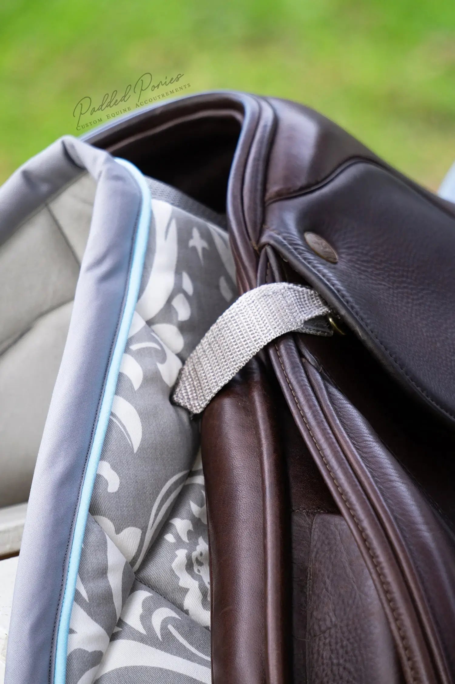 Gray and Baby Blue Floral Damask Jump Saddle Pad with D-Ring Straps