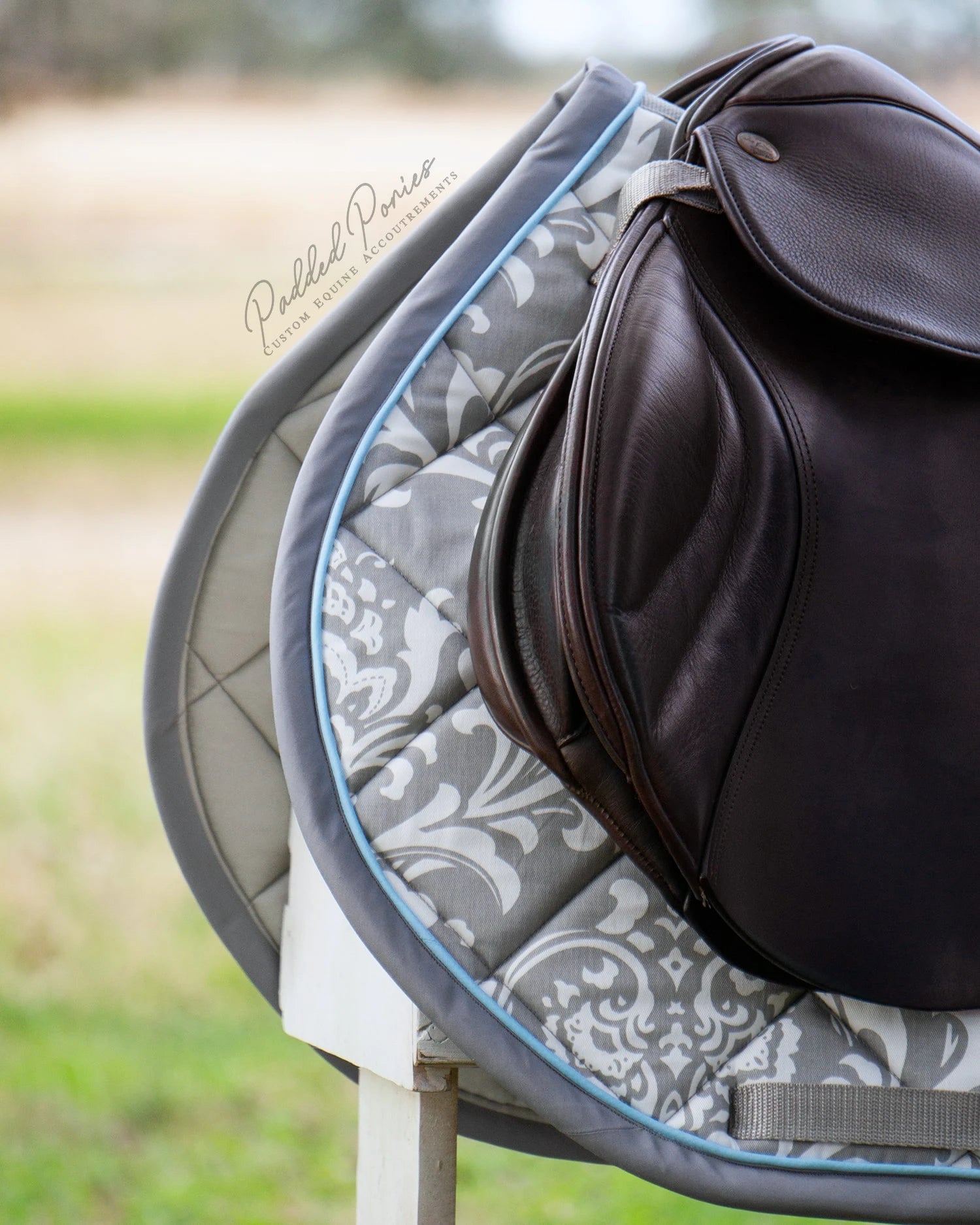 Gray and Baby Blue Floral Damask Jump Saddle Pad