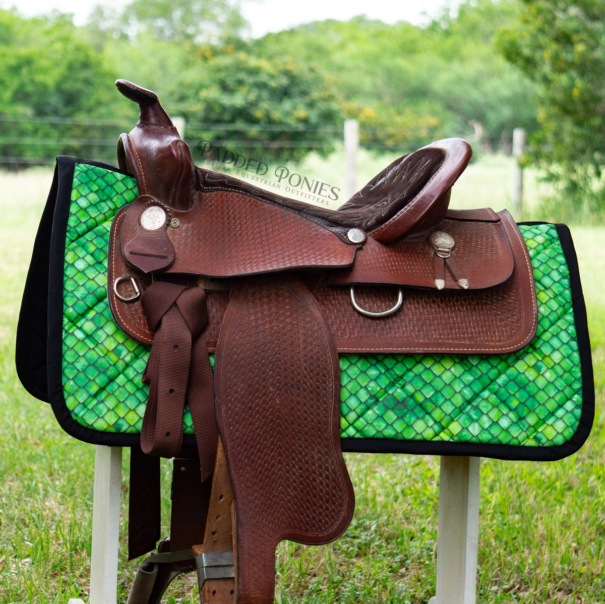 Green and Black Snake Skin Scales Print Western Saddle Pad