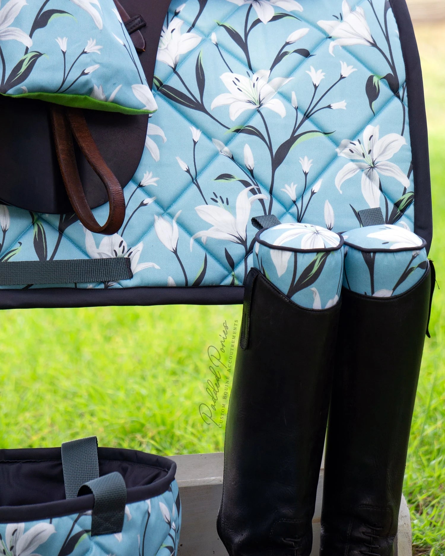 Baby Blue and Gray Lilies Floral All Purpose Saddle Pad with Matching Accessories