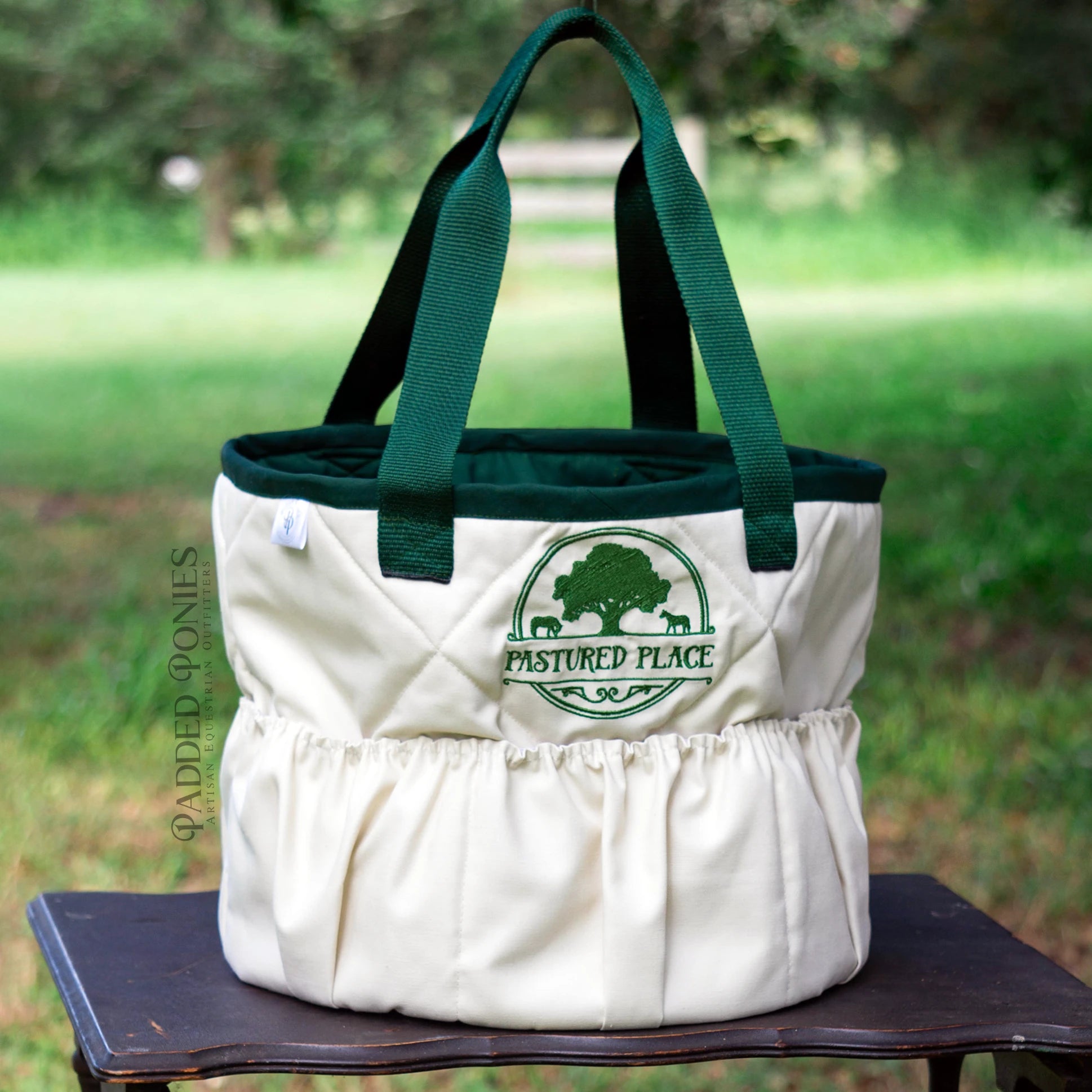 Custom Embroidered Logo Ivory and Hunter Green Grooming Brush Bag