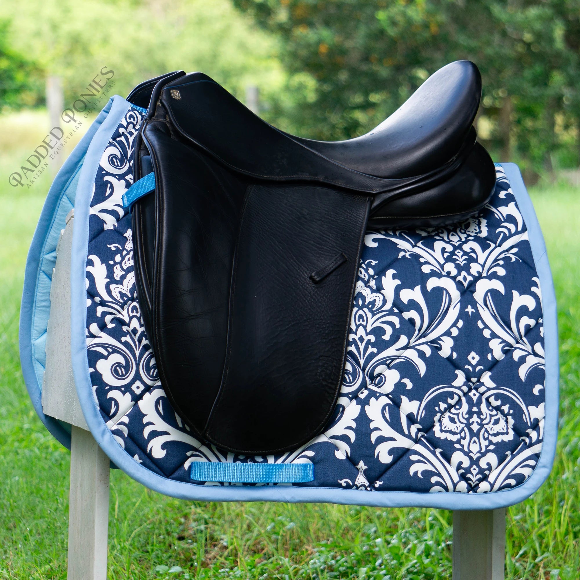 Navy and Light Baby Blue Damask Scroll Print Dressage Saddle Pad