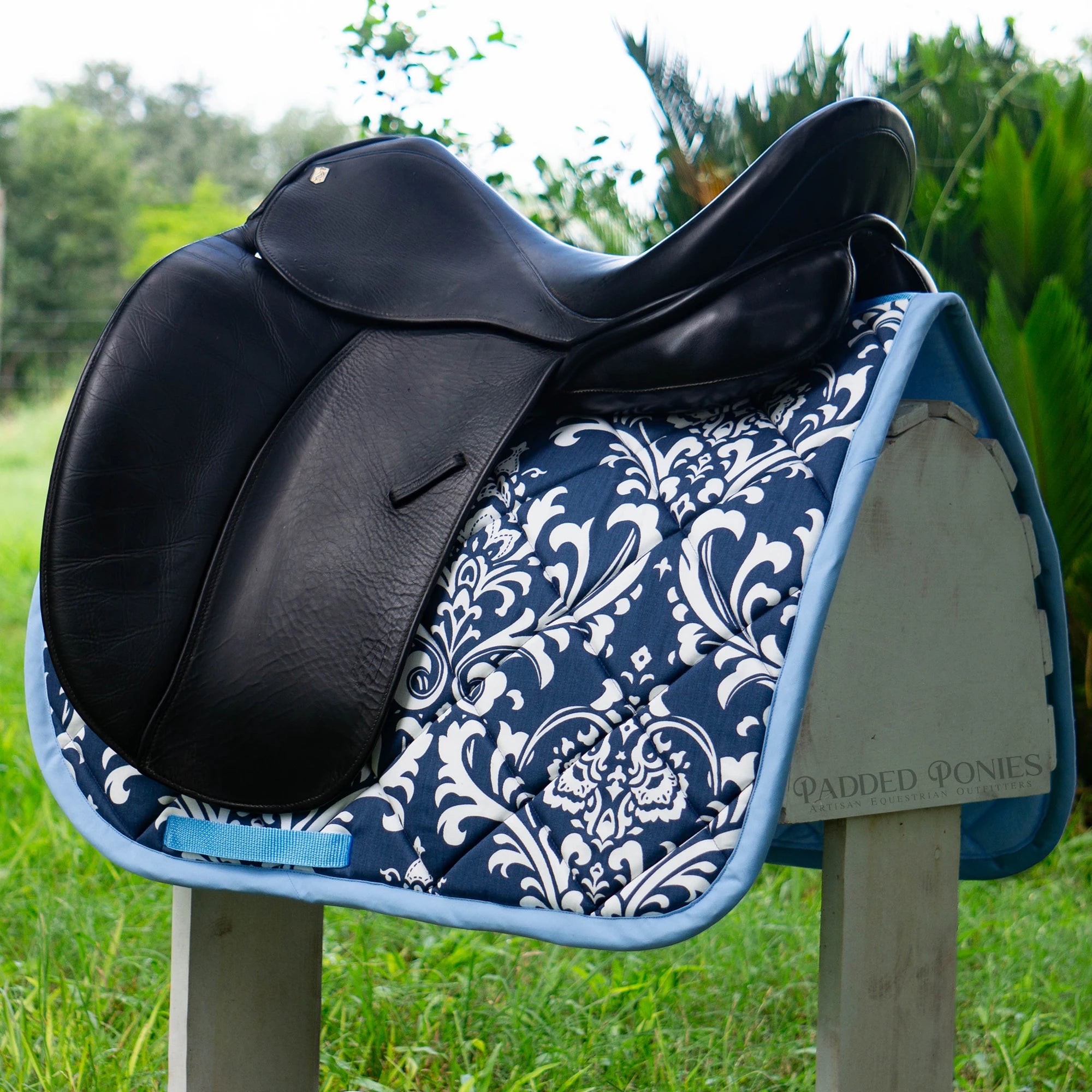 Navy and Light Baby Blue Damask Scroll Print Dressage Saddle Pad
