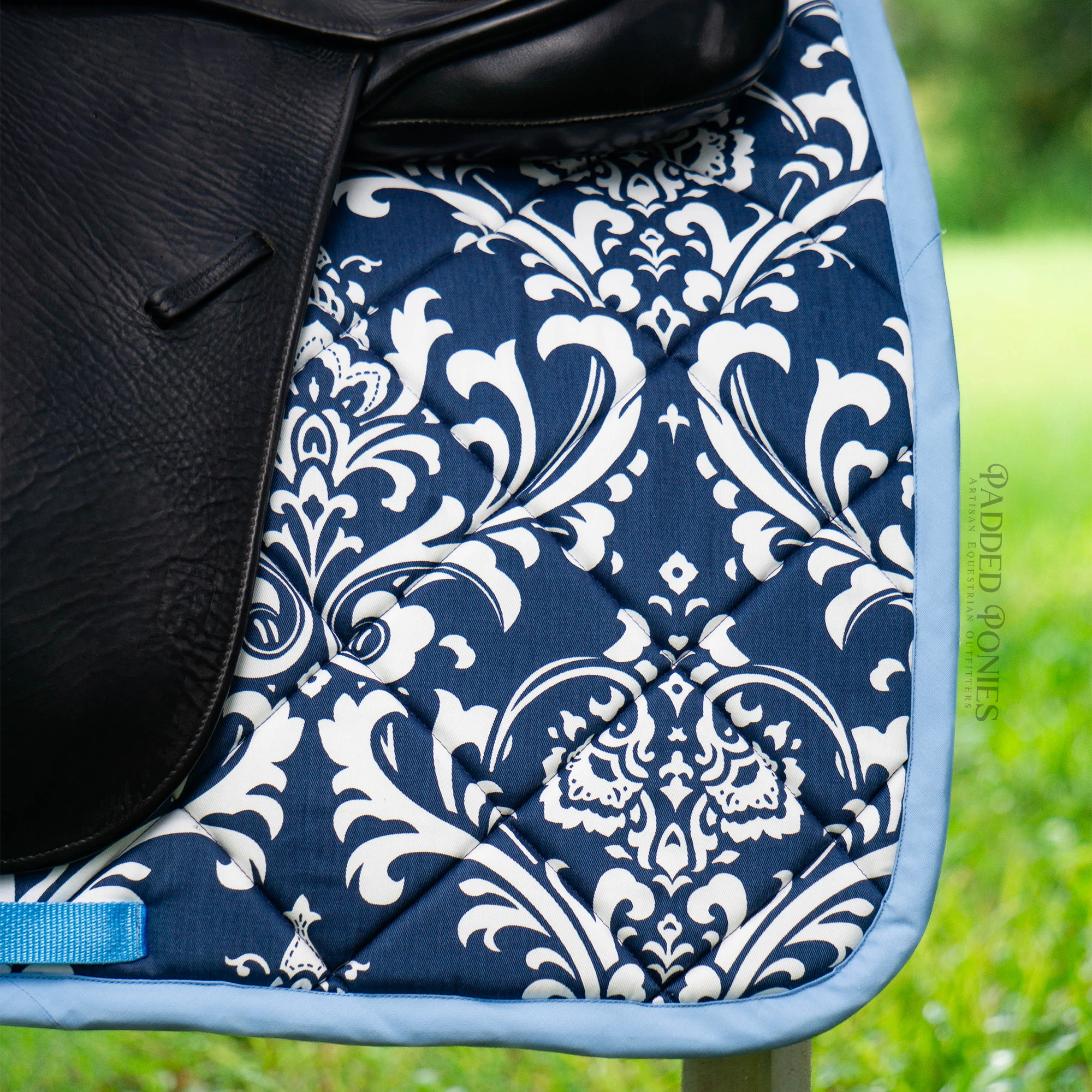 Navy and Light Baby Blue Damask Scroll Print Dressage Saddle Pad