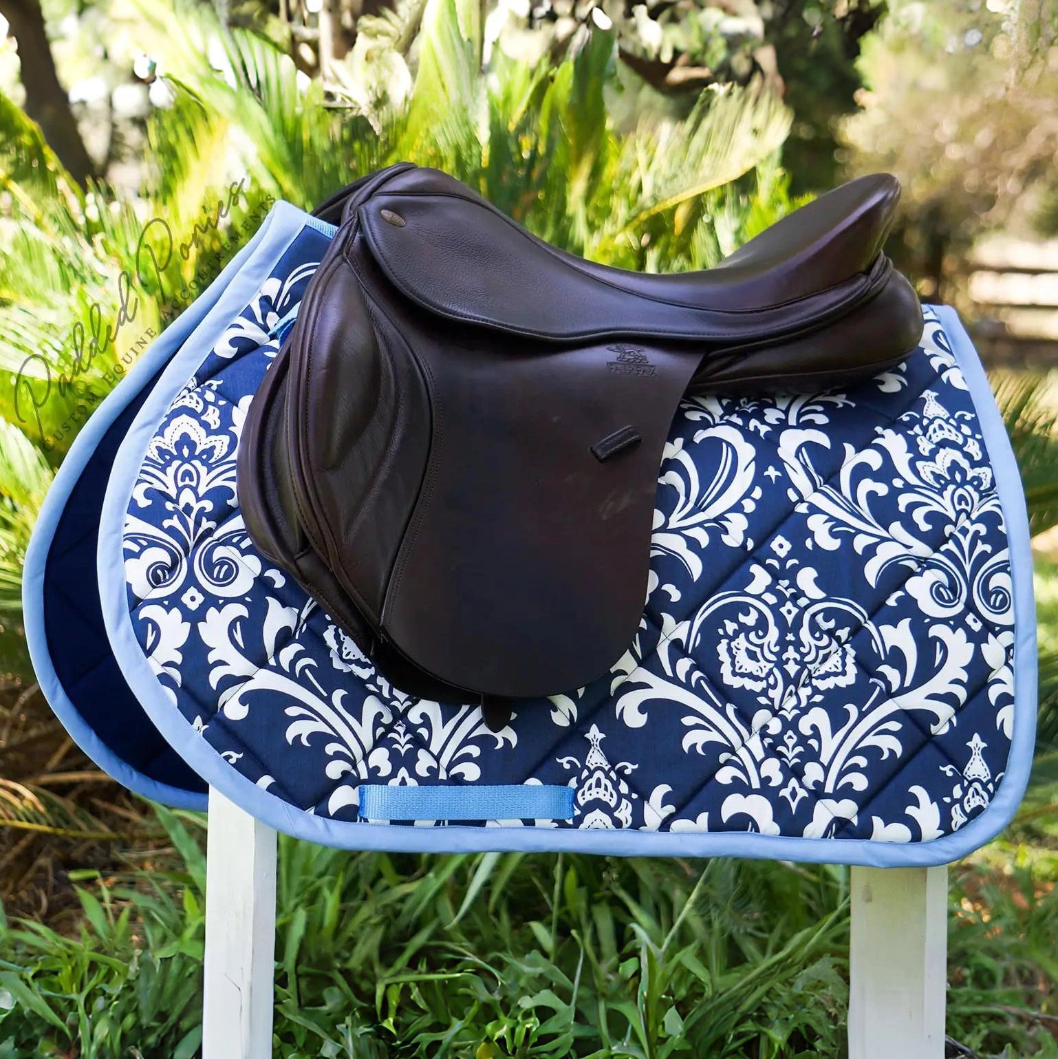 Navy Blue and Baby Blue Floral Damask All Purpose Saddle Pad