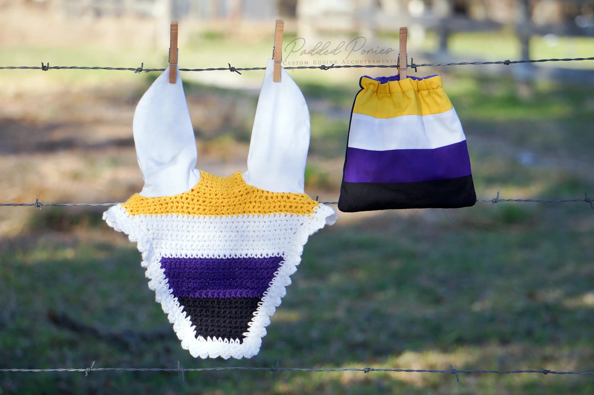 LGBTQ+ Non-Binary Flag Stirrup Covers with Matching Fly Veil Bonnet