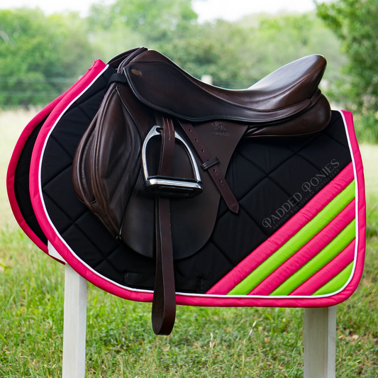 Black, Hot Pink, and Lime Green Corner Stripe Jump Saddle Pad