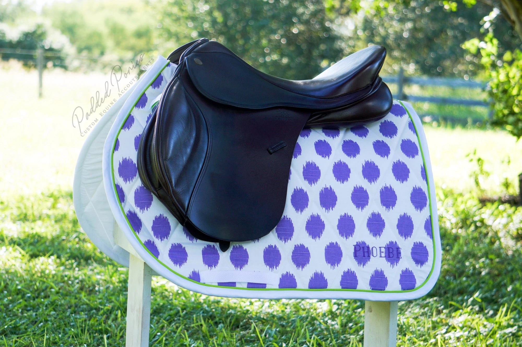 Purple and Lime Green Polka Dots All Purpose Saddle Pad with Monogram