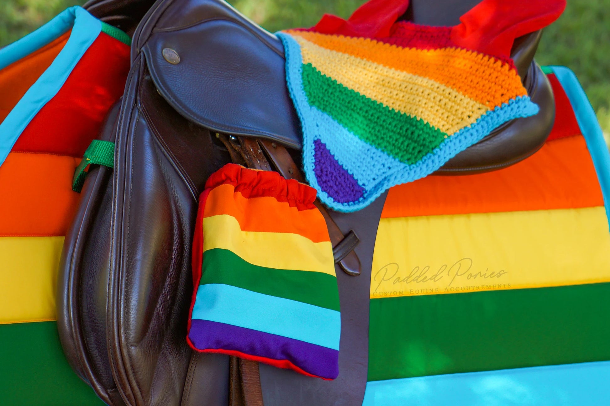 LGBTQ+ Gay Rainbow Flag Stirrup Covers with Matching Saddle Pad and Fly Veil Bonnet