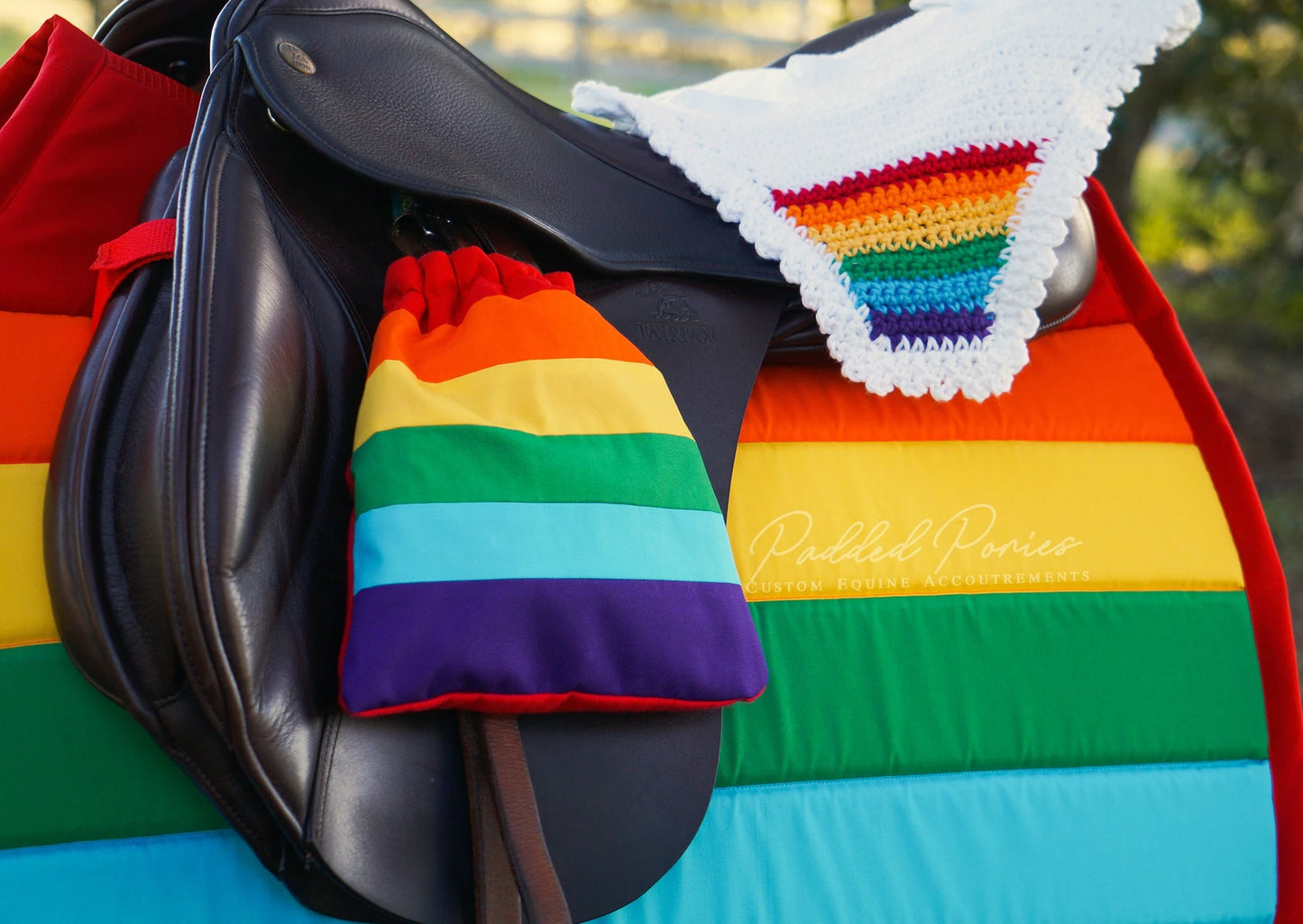 LGBTQ+ Gay Rainbow Flag Stirrup Covers with Matching Saddle Pad and Fly Veil Bonnet