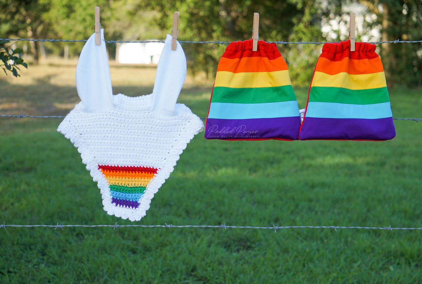 LGBTQ+ Gay Rainbow Flag Stirrup Covers with Matching White Fly Veil Bonnet
