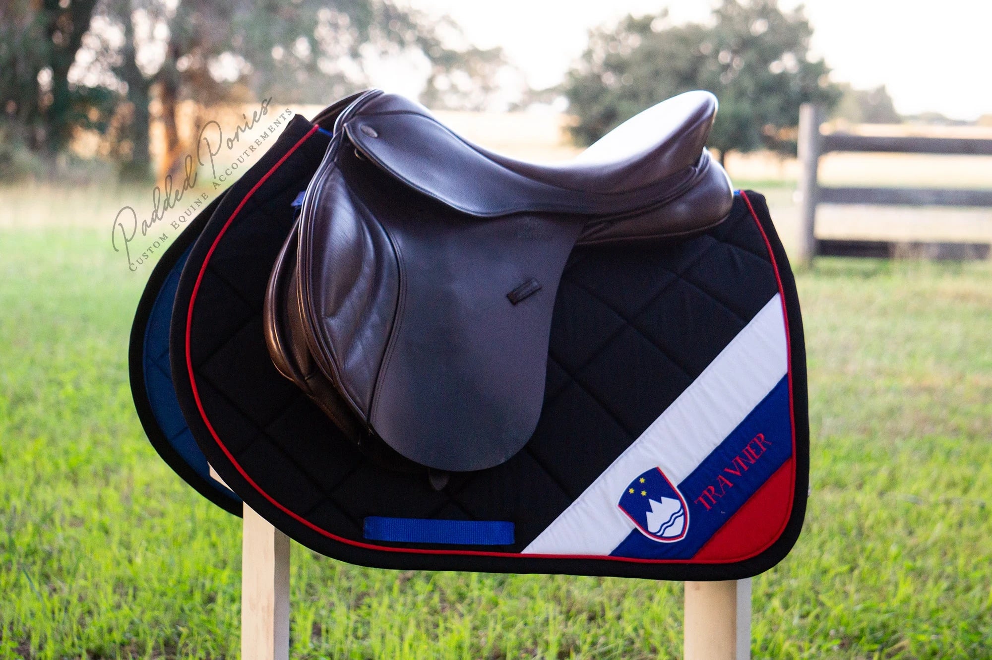 Slovenia Corner Flag Black Jump Saddle Pad with Monogram