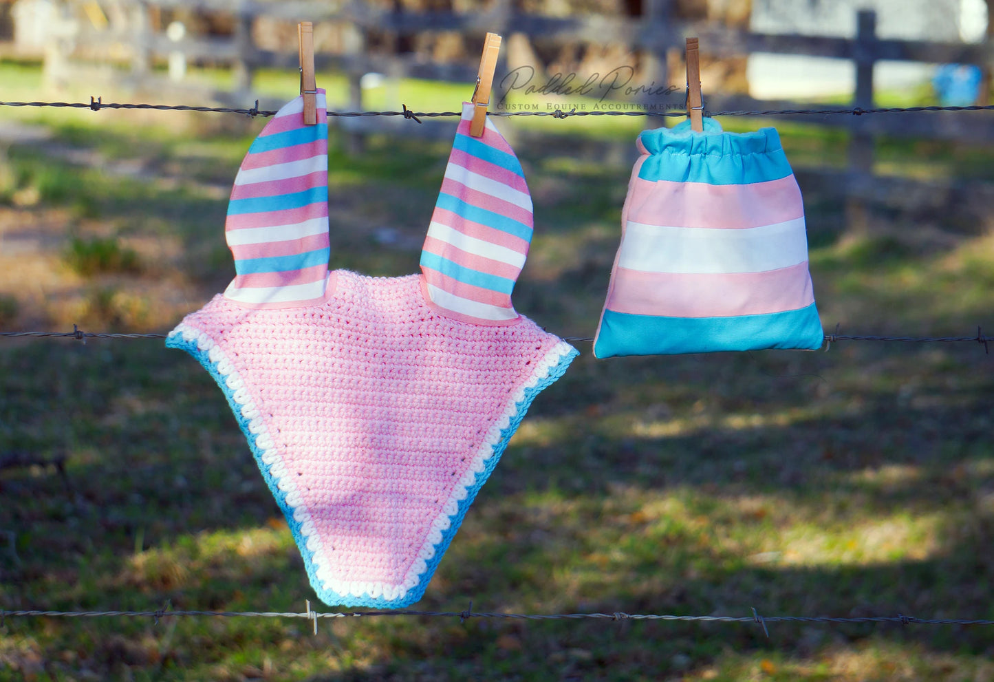LGBTQ+ Transgender Flag Stripe Ears Baby Pink Fly Veil Bonnet with Matching Stirrup Covers