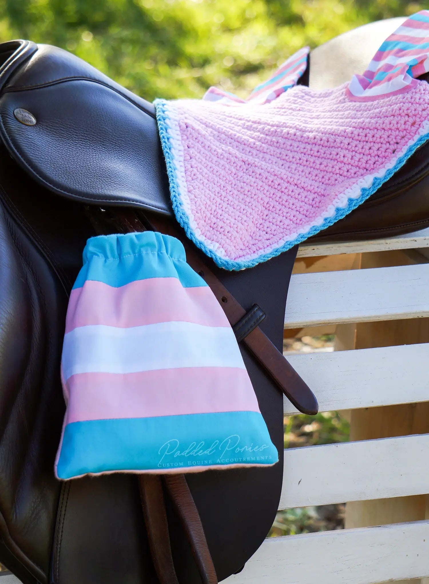 LGBTQ+ Transgender Flag Stirrup Covers with Matching Fly Veil Bonnet
