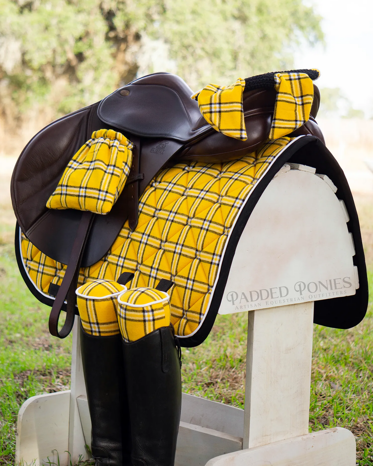 Yellow, Black, and White Plaid Flannel Stirrup Covers with Matching Set