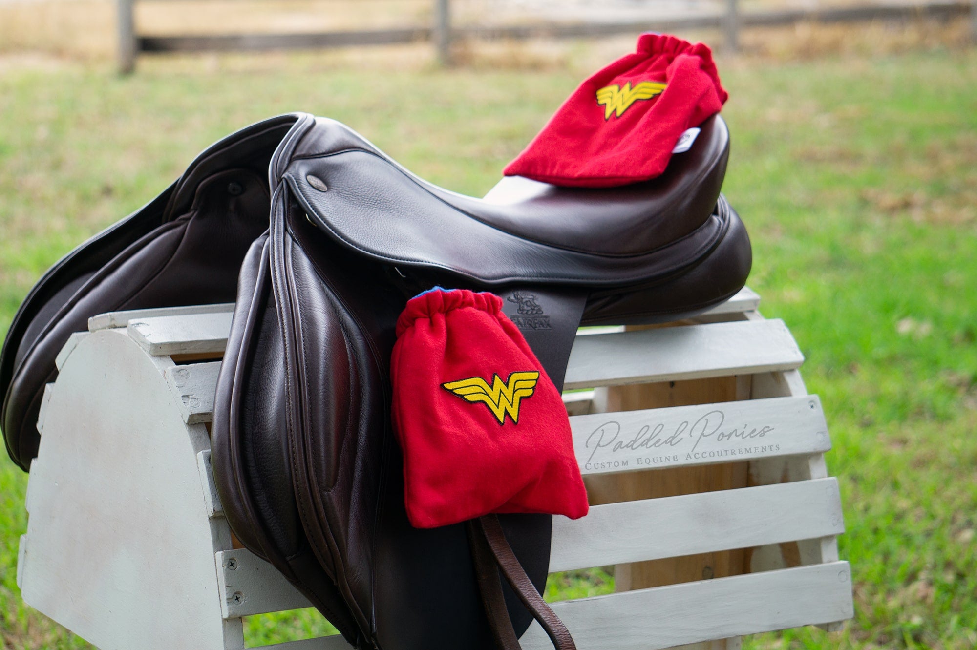Red wonder woman patch stirrup covers