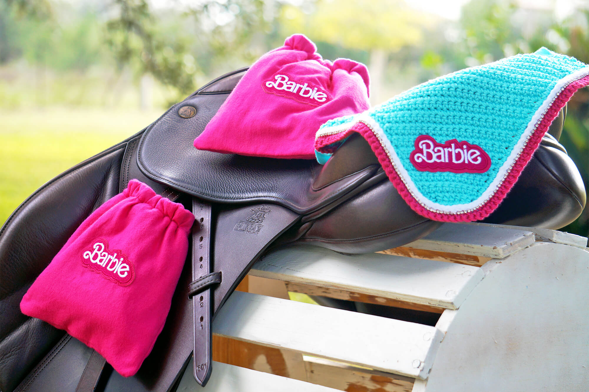 Aqua Blue and Hot Pink Barbie Patch Fly Veil Bonnet with Matching Pink Stirrup Covers