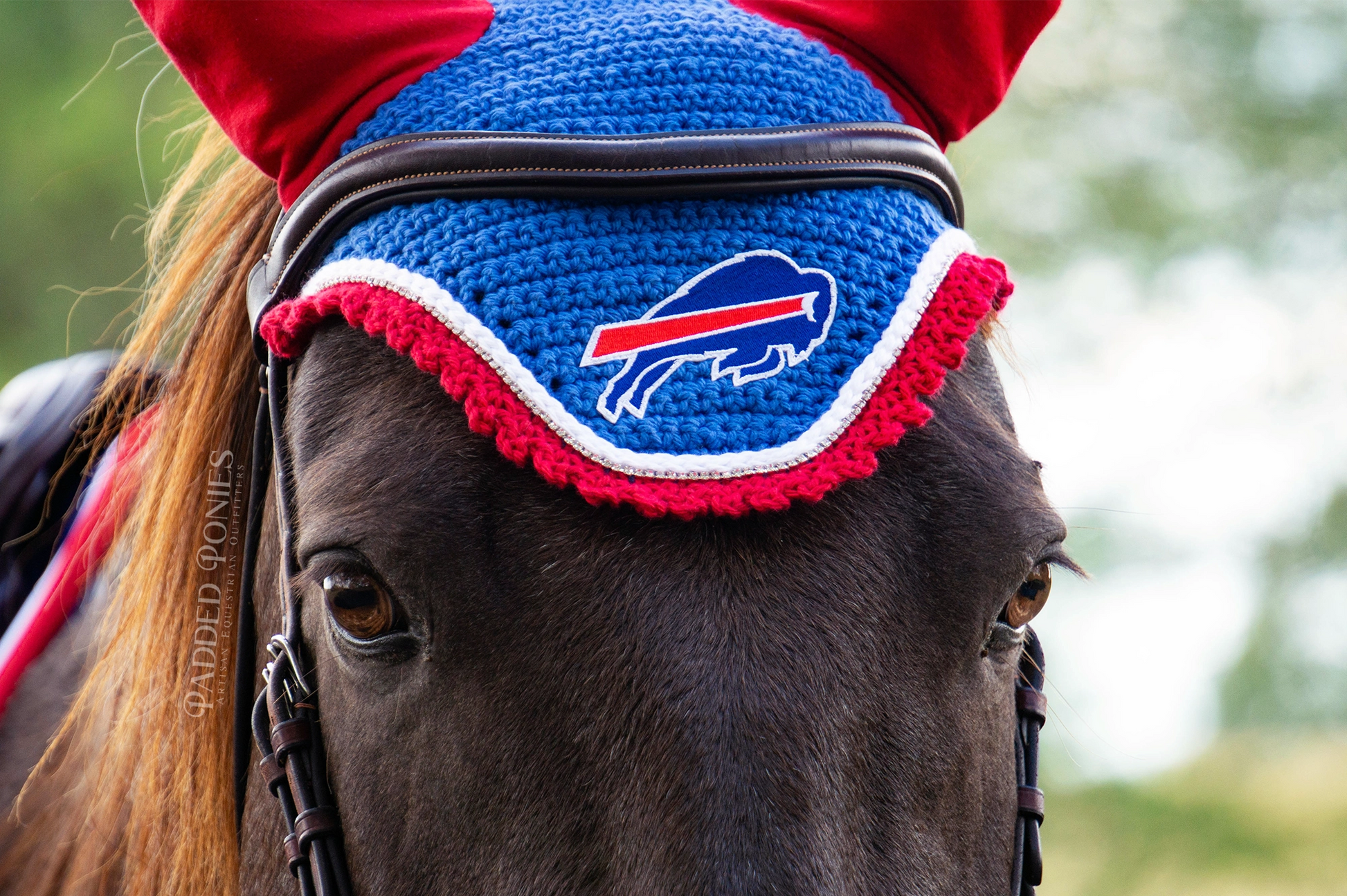 Royal Blue and Red Buffalo Bills NFL Sports Patch Fly Veil Bonnet with Rhinestones