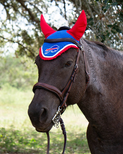 Royal Blue and Red Buffalo Bills NFL Sports Patch Fly Veil Bonnet with Rhinestones