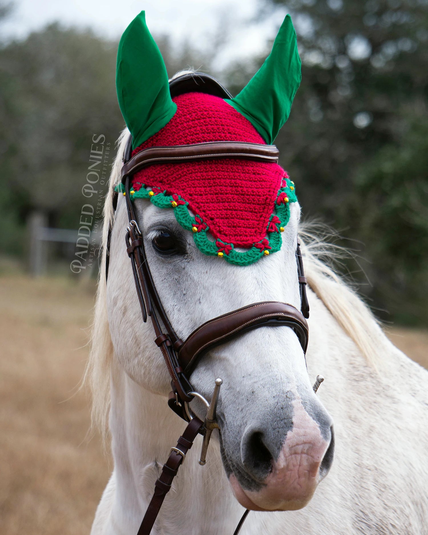 Red and Green Christmas Wreaths, Bows, and Bells Horse Fly Veil Bonnet