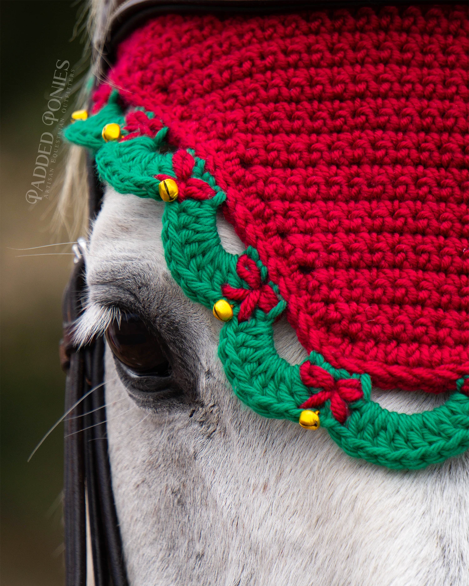 Red and Green Christmas Wreaths, Bows, and Bells Horse Fly Veil Bonnet