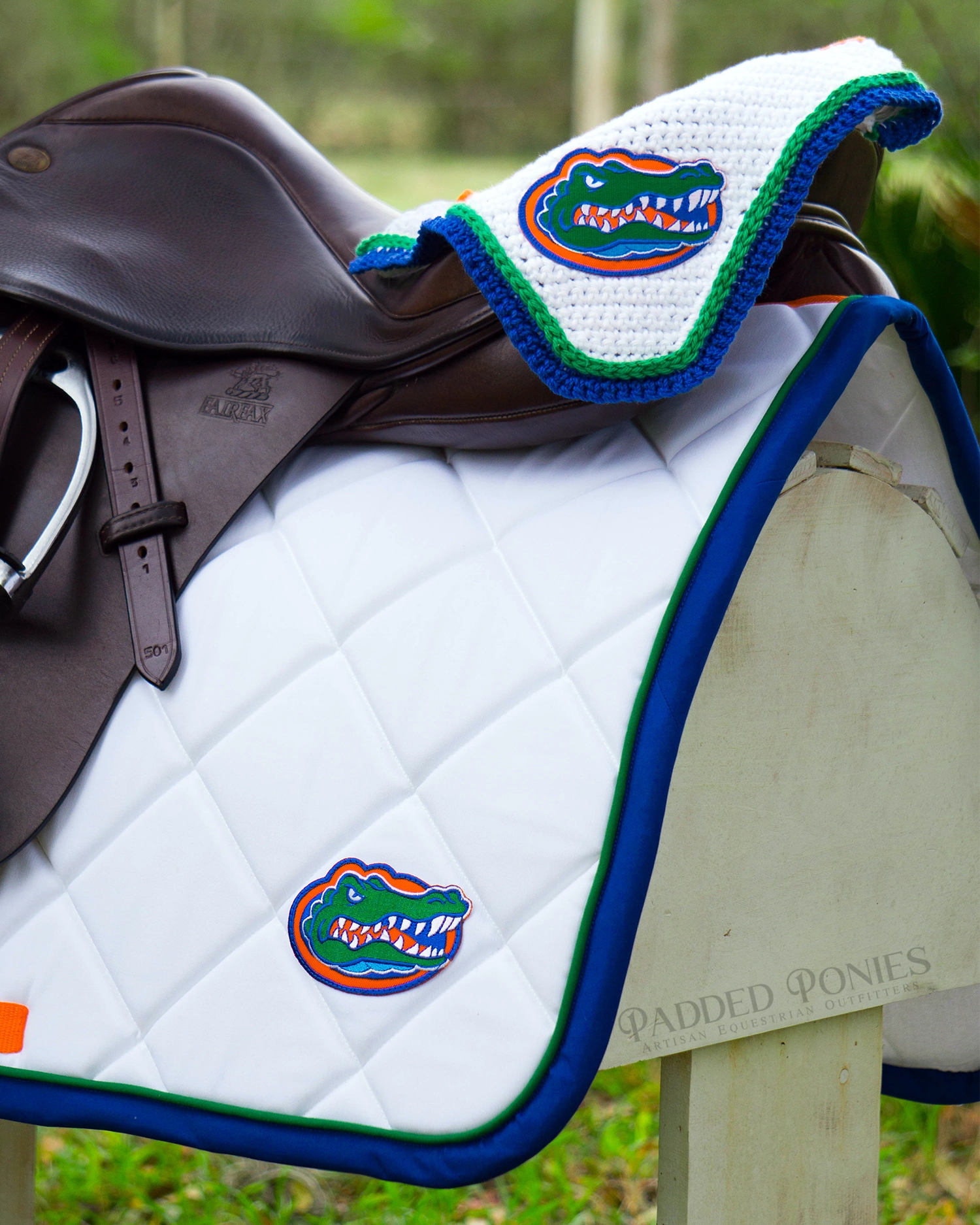 White, Green, Orange, and Blue University of Florida Gators Patch All Purpose Saddle Pad with Matching Horse Fly Veil Bonnet