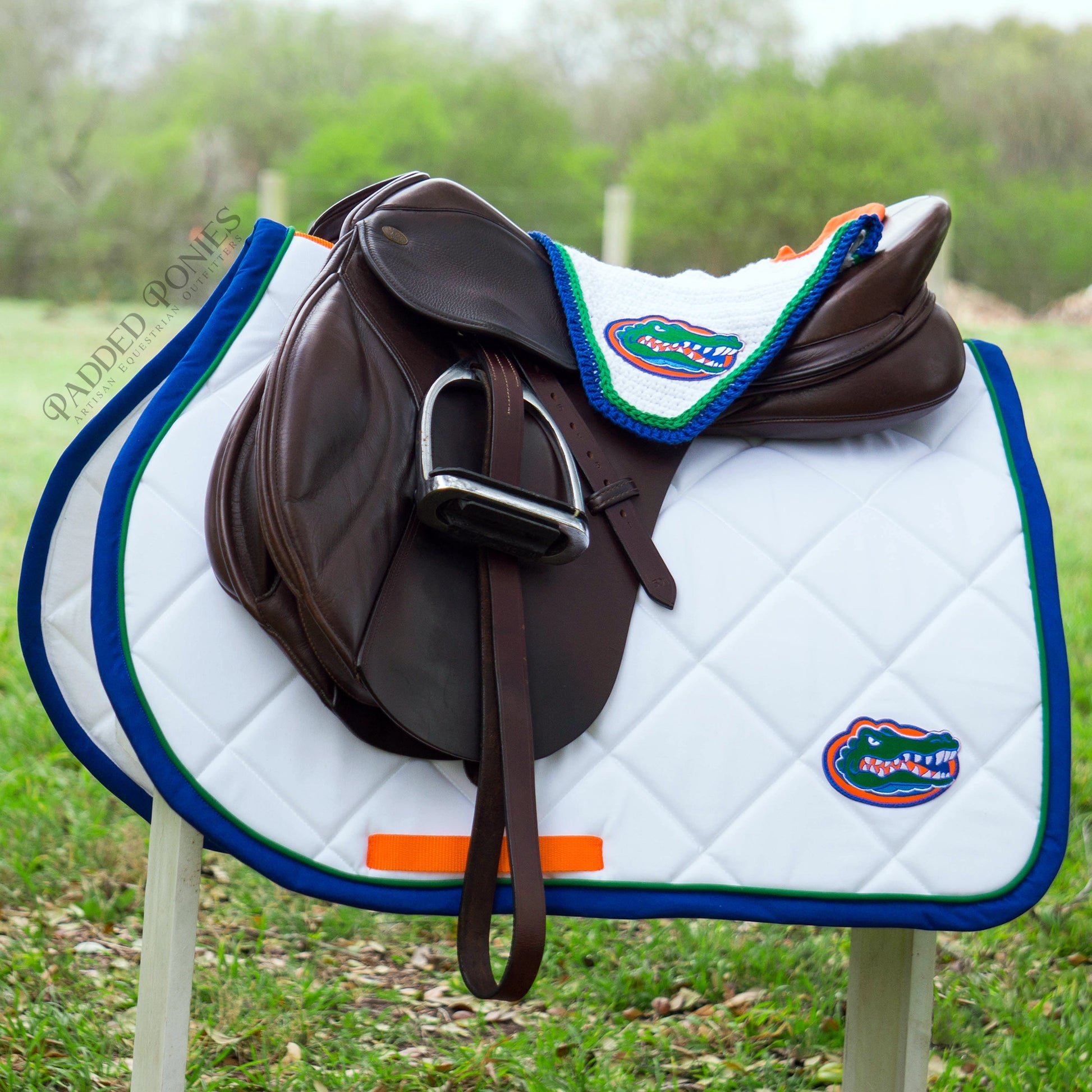White, Green, Orange, and Blue University of Florida Gators Patch All Purpose Saddle Pad with Matching Horse Fly Veil Bonnet