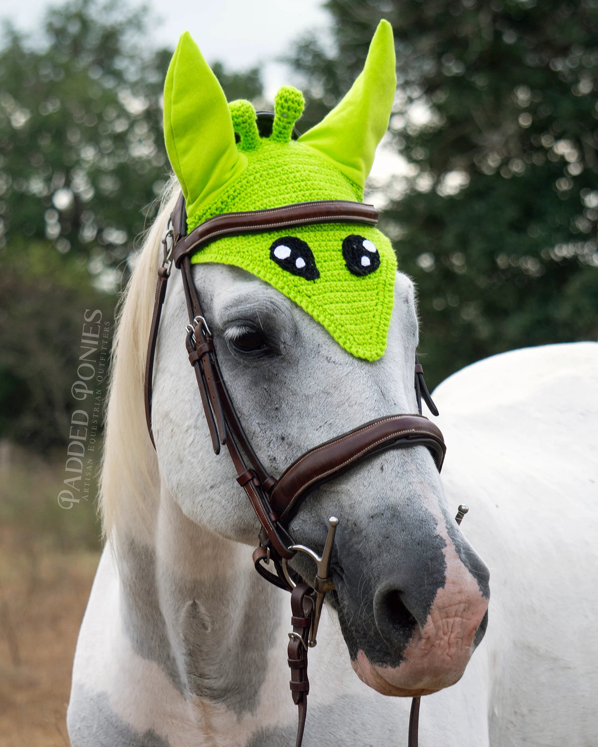 Lime Green Alien Face Halloween Costume Fly Veil Bonnet Horse Size