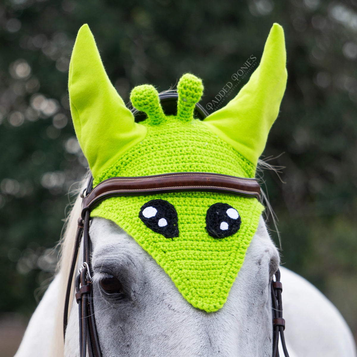 Lime Green Alien Face Halloween Costume Fly Veil Bonnet Horse Size