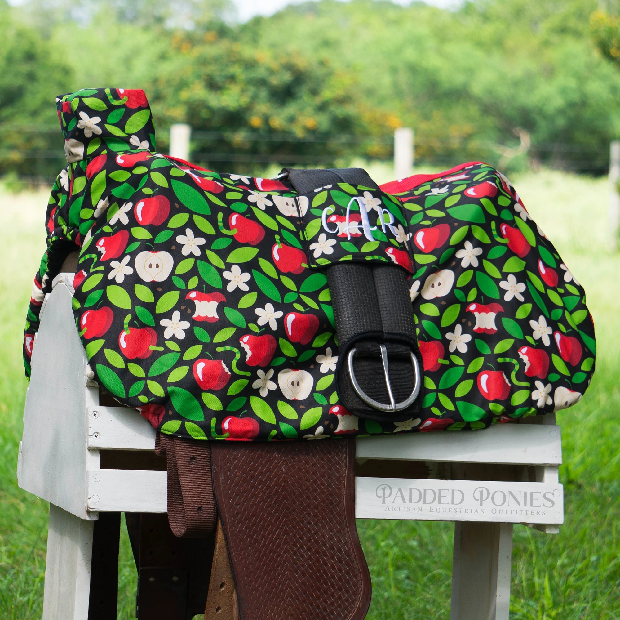 Red and Black Honeycrisp Apples Western Saddle Cover with Girth Pocket and Monogram