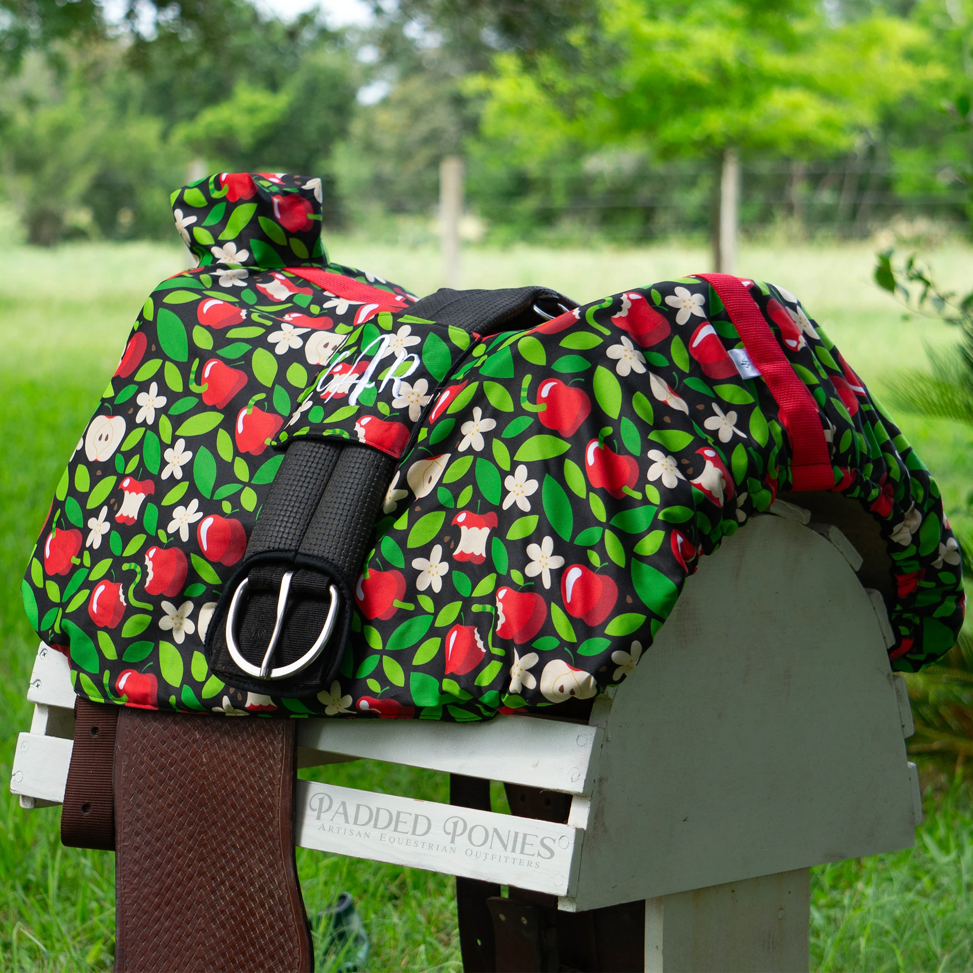 Red and Black Honeycrisp Apples Western Saddle Cover with Girth Pocket and Monogram