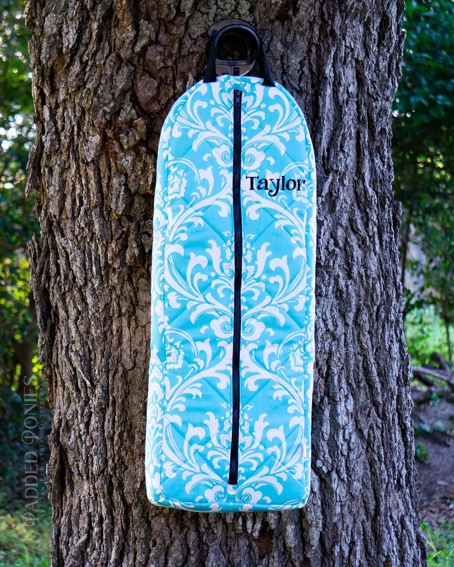 Aqua Blue Green Floral Damask Fleece-Lined Bridle Bag with Monogram