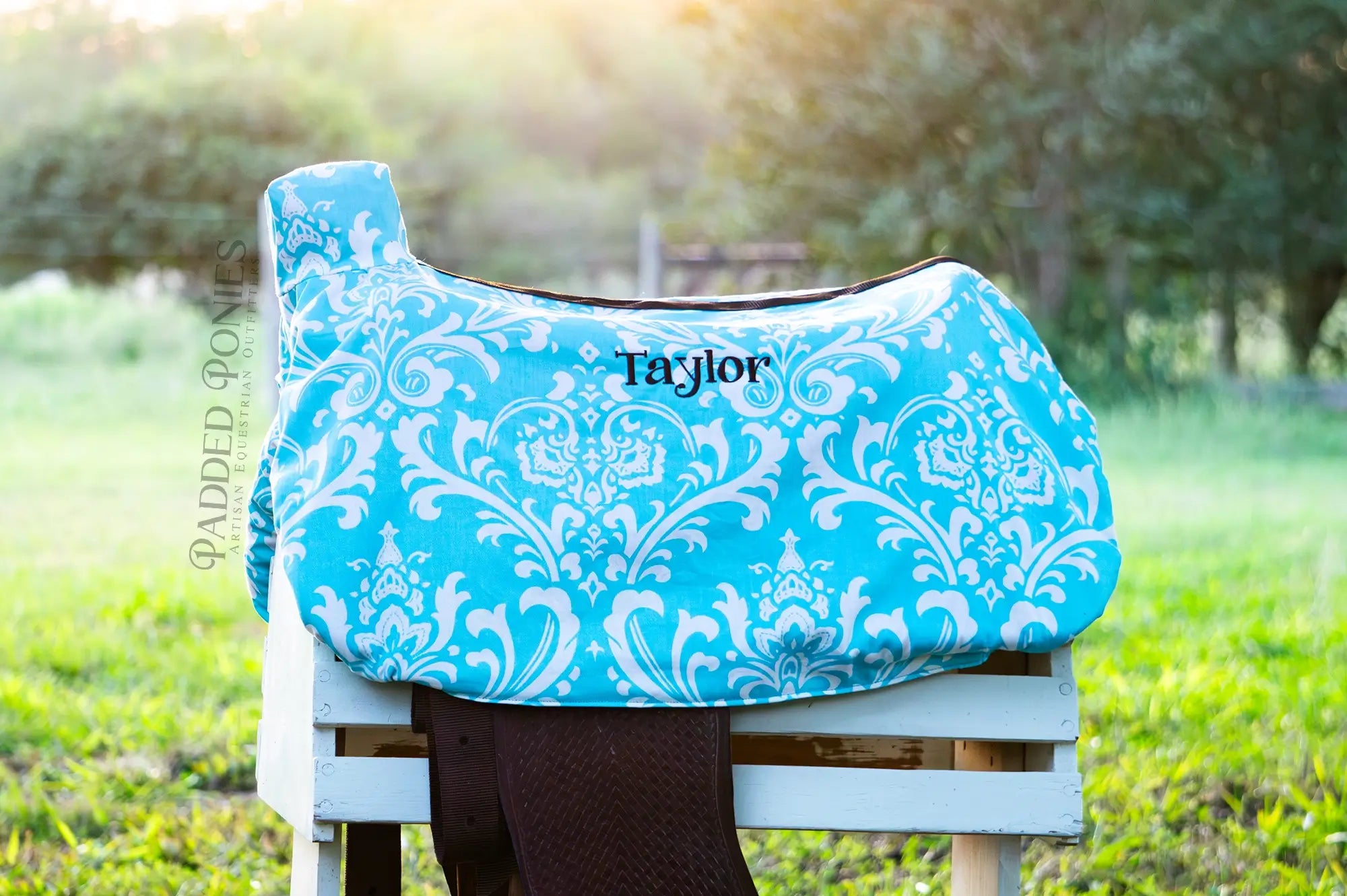 Aqua Teal Turquoise Floral Damask Western Saddle Cover with Monogram