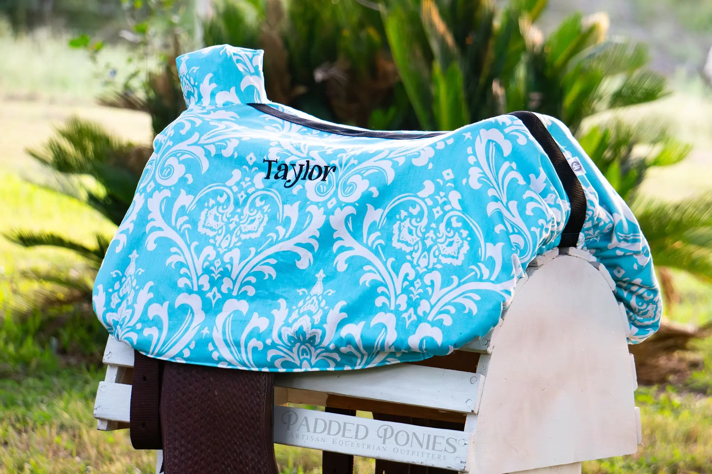 Aqua Teal Turquoise Floral Damask Western Saddle Cover with Monogram