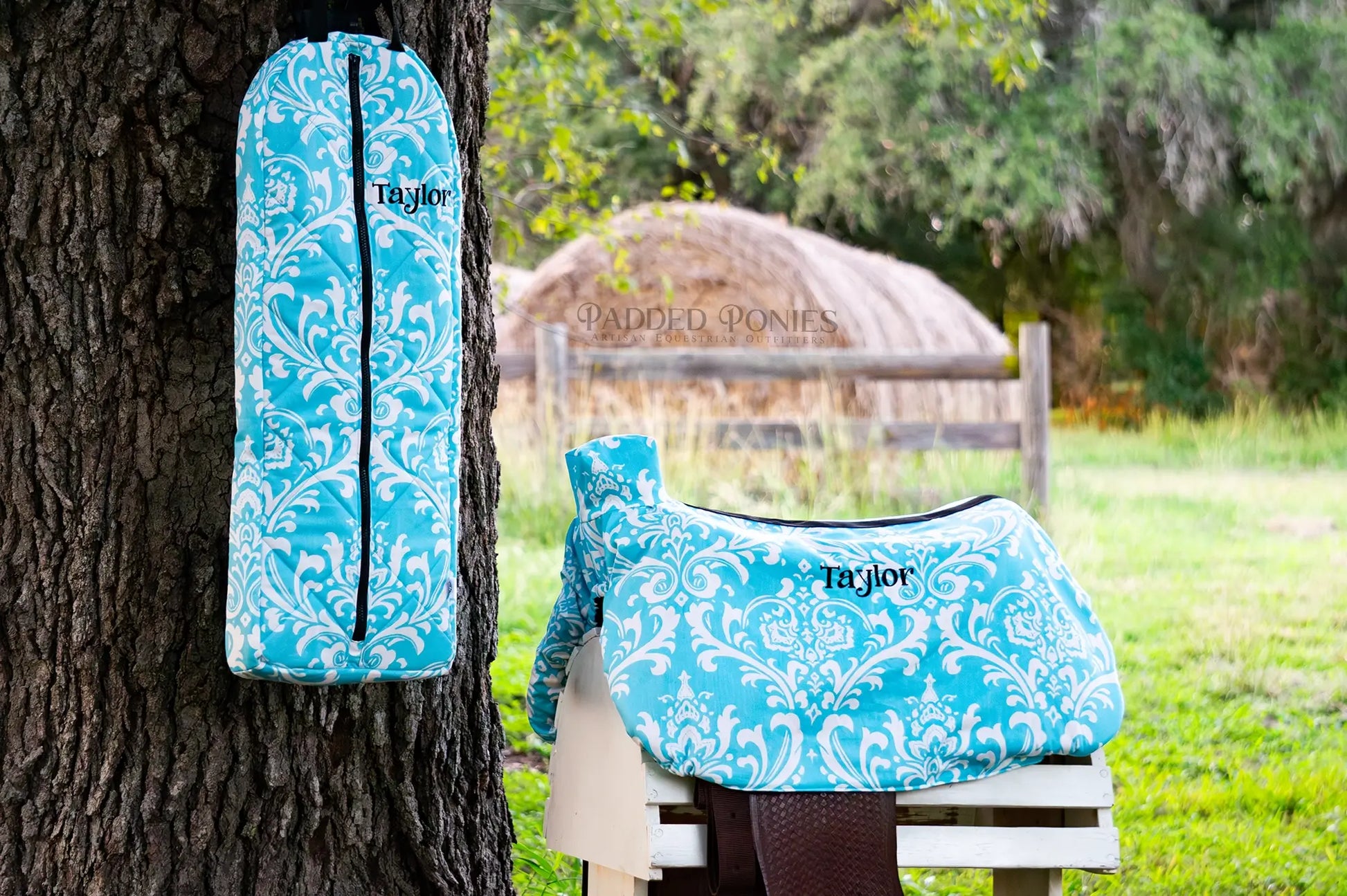Aqua Teal Turquoise Floral Damask Western Saddle Cover with Monogram and Matching Bridle Bag