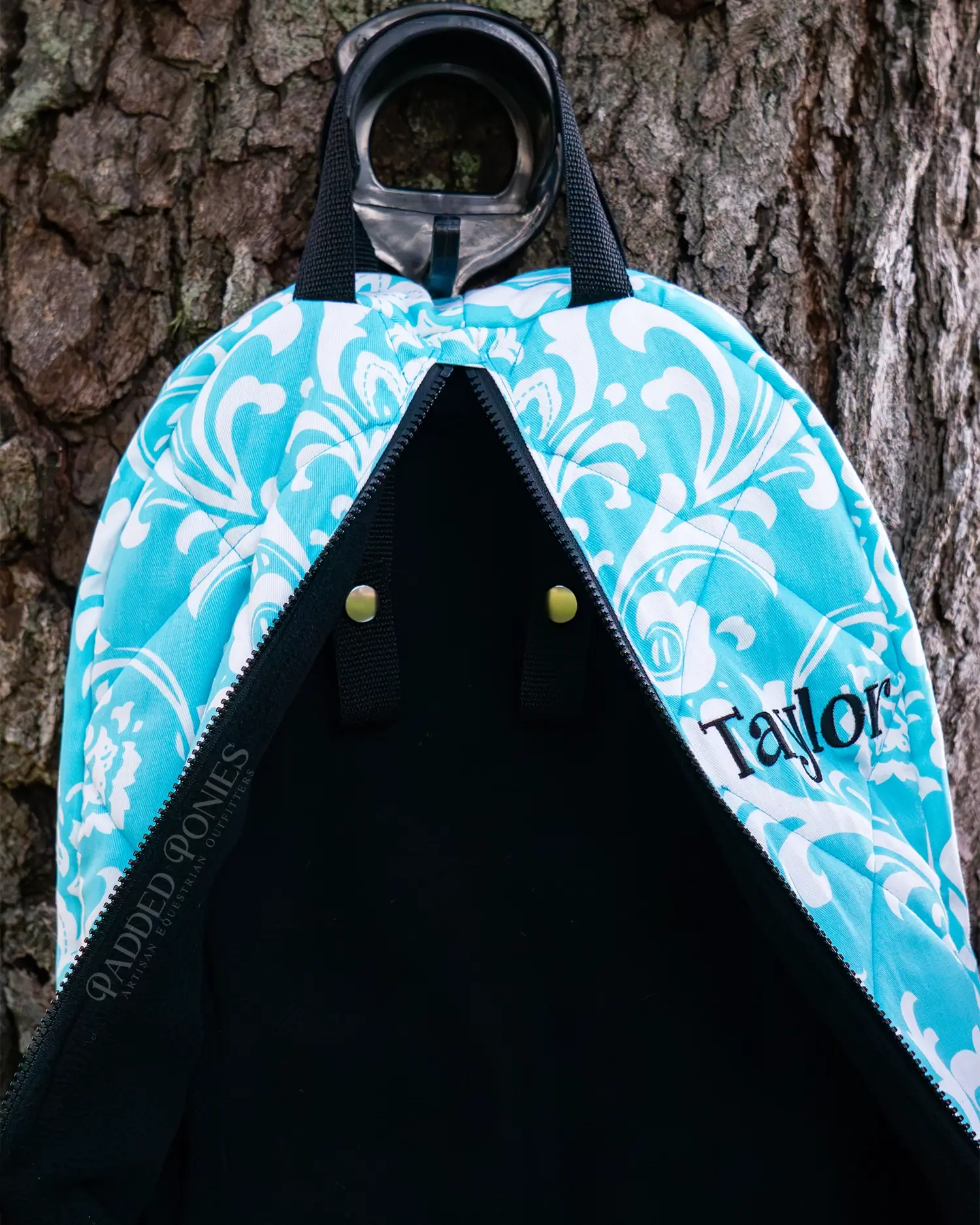 Aqua Blue Green Floral Damask Fleece-Lined Bridle Bag with Monogram