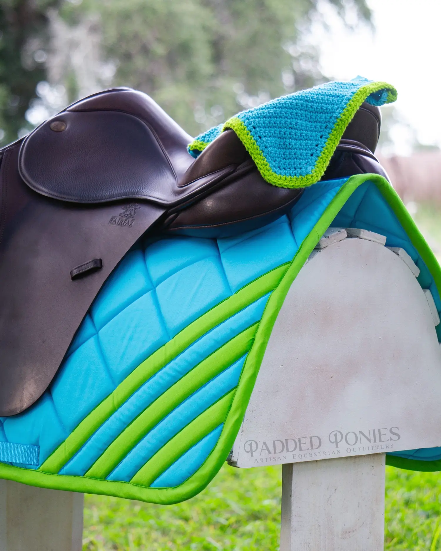 Aqua Blue and Green Stripe Jump Saddle Pad with Matching Fly Veil Bonnet