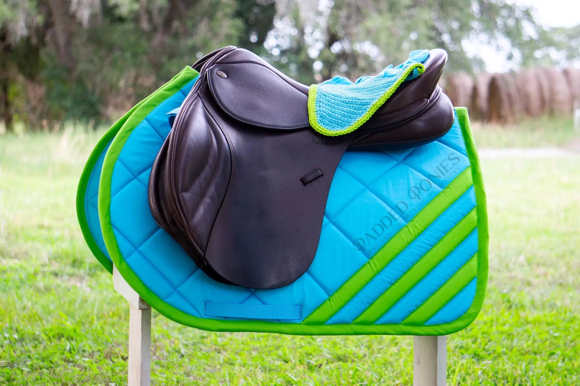 Aqua Blue and Green Stripe Jump Saddle Pad with Matching Fly Veil Bonnet