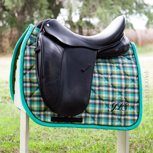 Mint Green Checkered Plaid Dressage Saddle Pad with Monogram