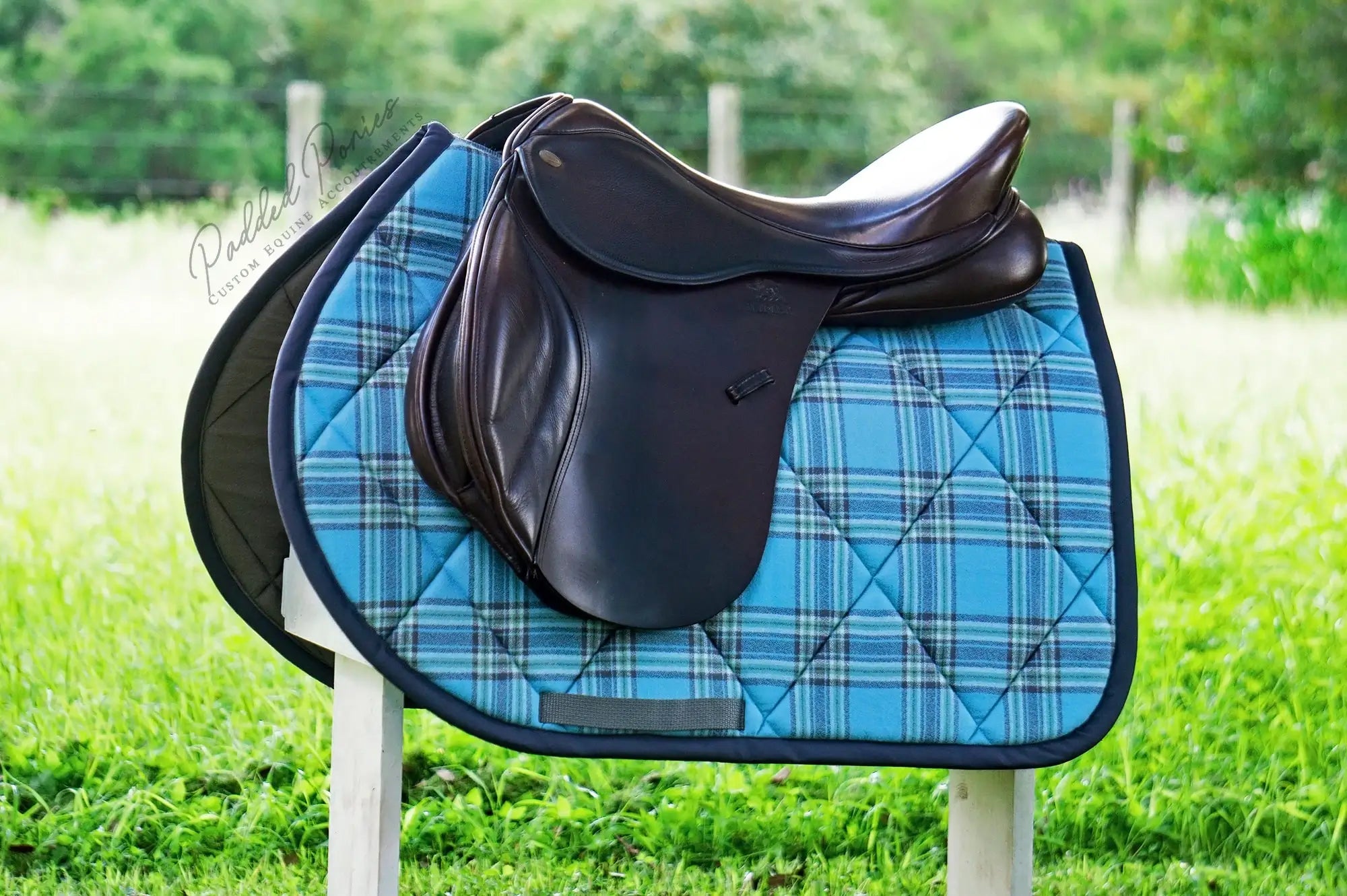 Aqua Blue and Gray Plaid Flannel Jump Saddle Pad