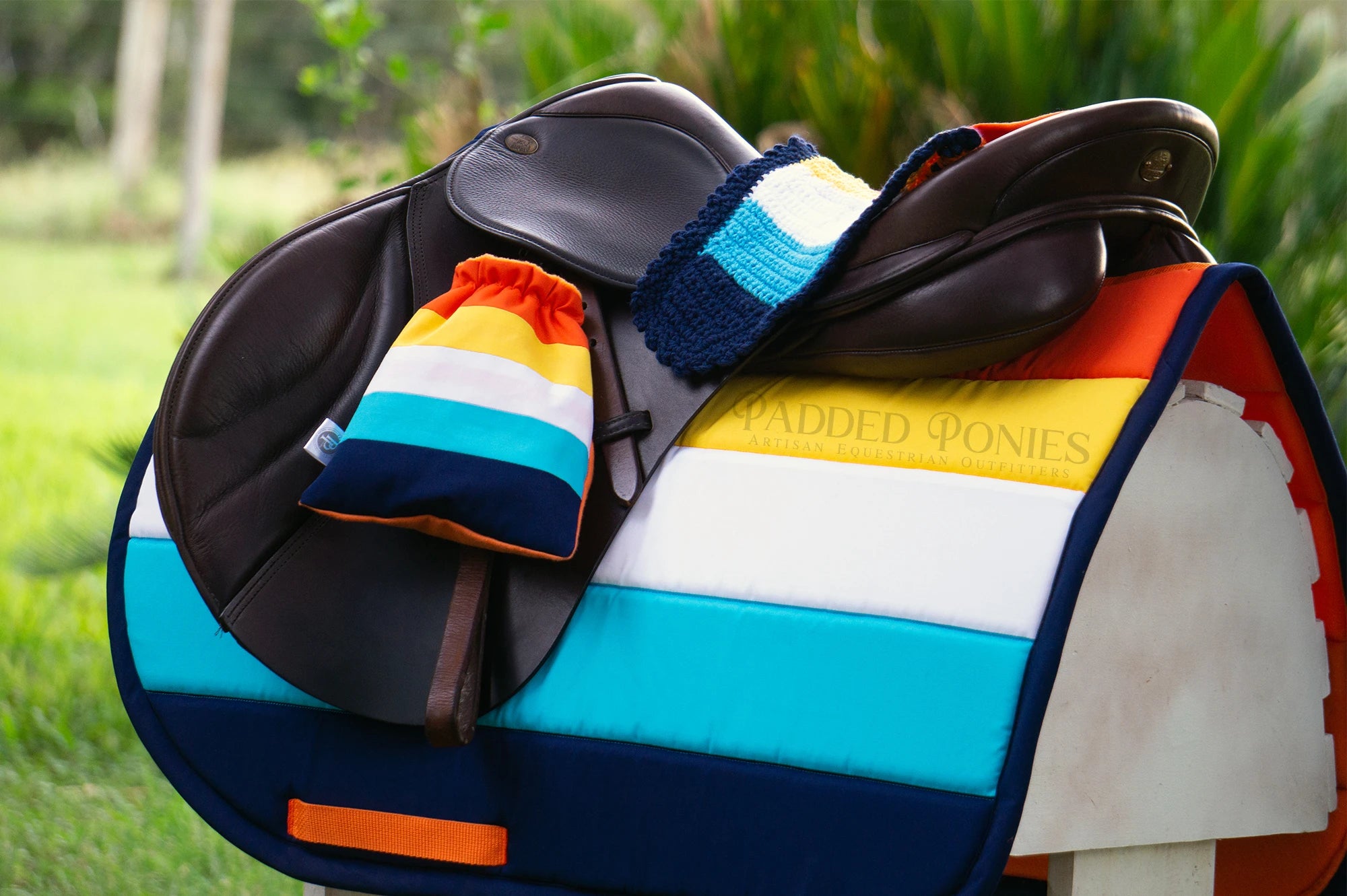 LGBTQ+ Aromantic Asexual Flag Stirrup Covers with Matching Saddle Pad and Fly Veil Bonnet 