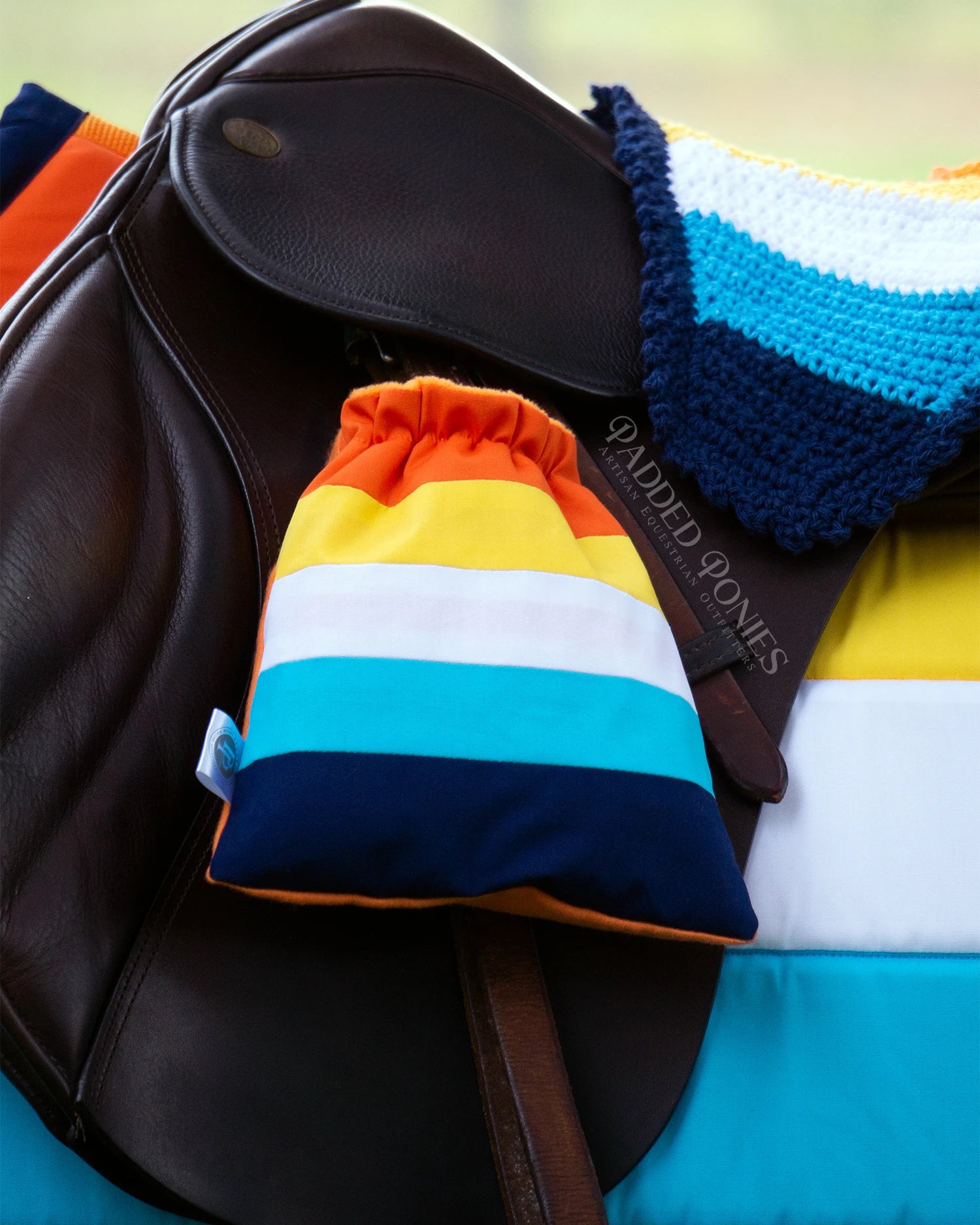 LGBTQ+ Aromantic Asexual Flag Stirrup Covers with Matching Saddle Pad and Fly Veil Bonnet 
