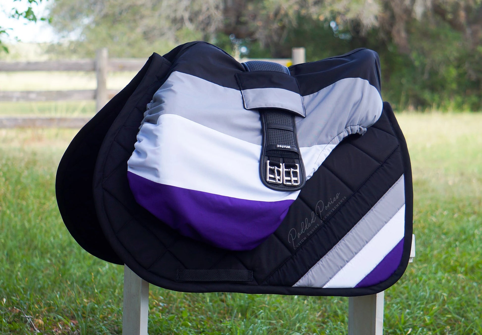 LGBTQ+ Asexual Flag All Purpose Saddle Cover with Girth Holder Pocket and Matching Saddle Pad